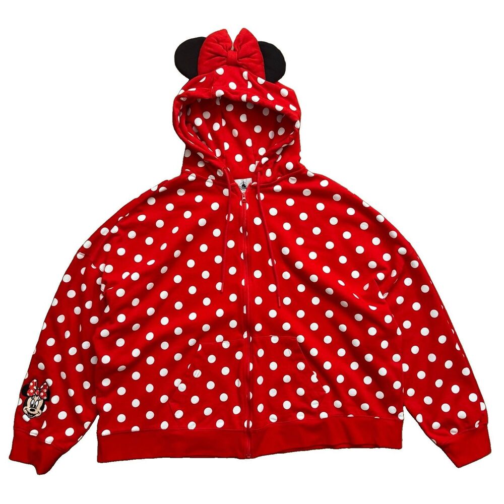 Disney Minnie Mouse Ears Bow Full Zip Hooded Polka Dot Hoodie Sweater Women’s XL